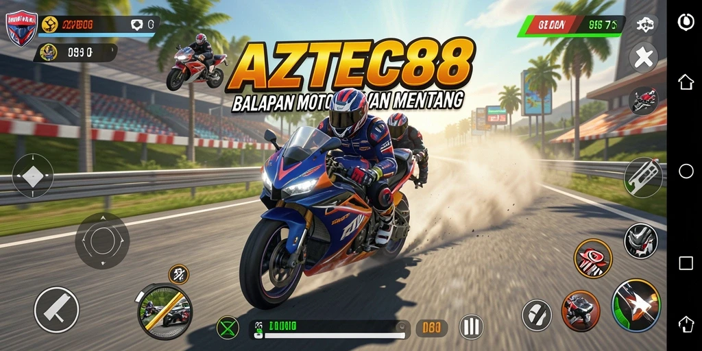 Tampilan gameplay menegangkan dalam AZTEC88 dengan balapan motor yang mendebarkan.