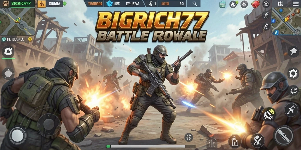 Screenshot tampilan gameplay seru di BIGRICH77 dengan aksi Battle Royale.