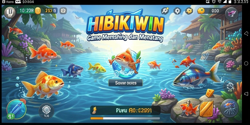 Tampilan gameplay HIBIKIWIN dengan ikan yang beragam dan lokasi memancing yang indah.