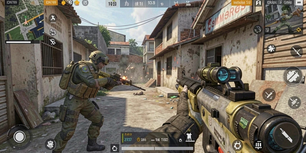 Screenshot menampilkan aksi menegangkan dalam game FPS IDN789.
