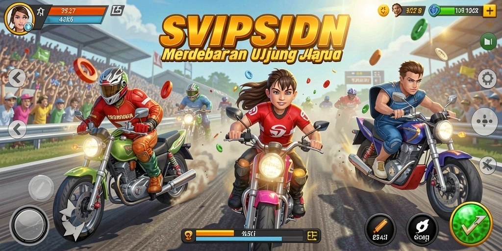 Tampilan seru gameplay balapan di SVIPSIDN dengan kendaraan yang beraksi.